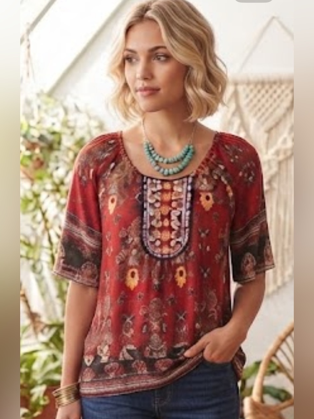 Angie - Boho Floral Red Patterned Peasant Blouse
